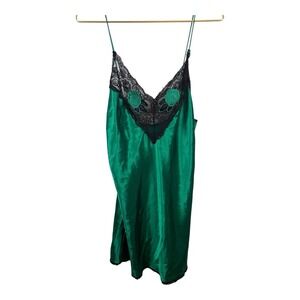 Vintage Val Mode Y2K‎  Satin Emerald Green Black Lace Slip Dress  Size M